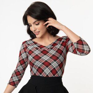 NWOT Unique Vintage Red & Grey Plaid Scarlett Top